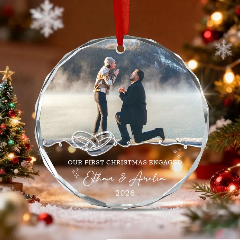 Custom First Engaged Christmas Photo Ornament