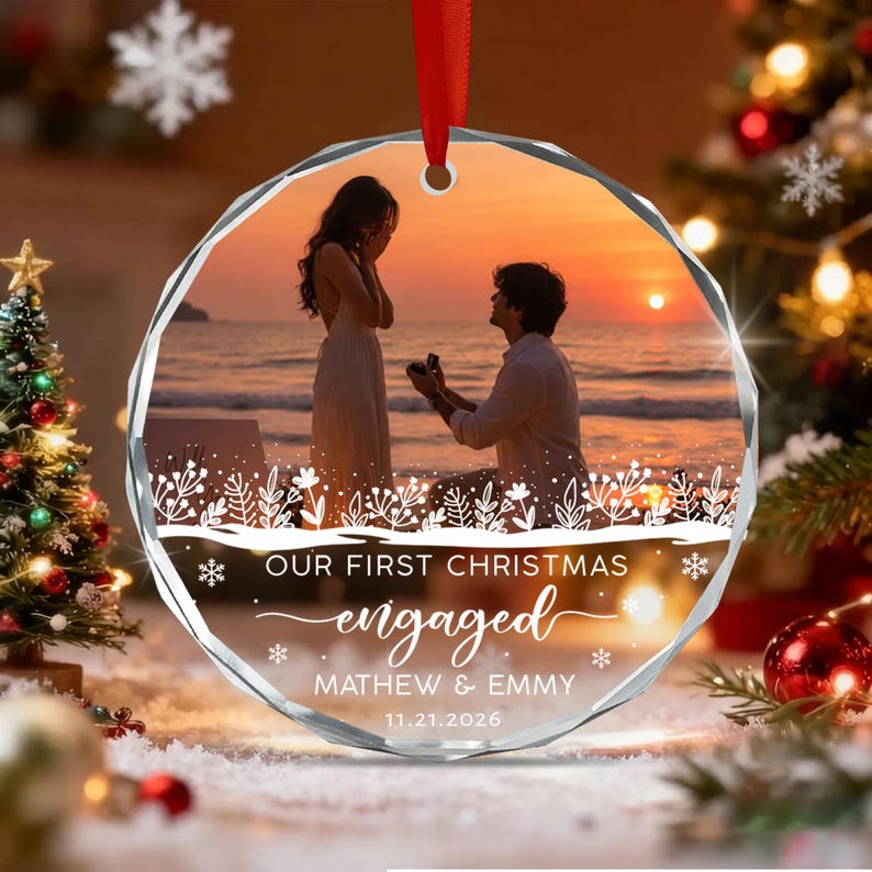 Engagement Couple Photo Glass Ornament