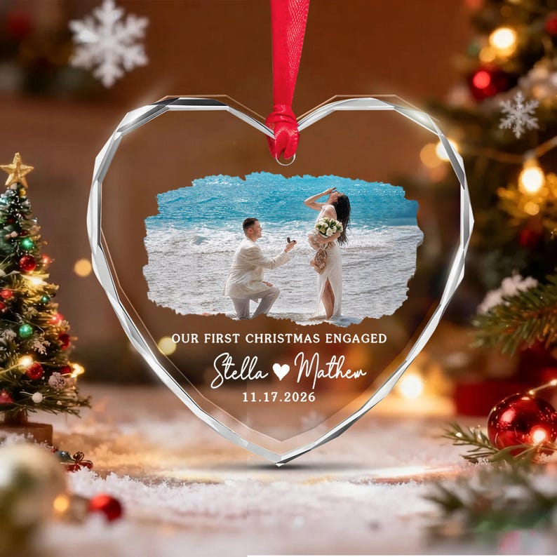 First Christmas Engaged Photo Glass Ornament
