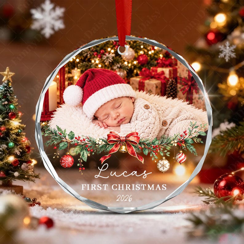 Baby's First Christmas Photo Glass Ornament