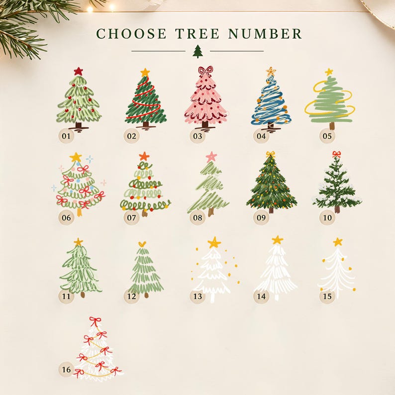 A chart titled CHOOSE TREE NUMBER displaying sixteen distinct illustrated Christmas tree designs, each labeled with a number from 01 to 16.