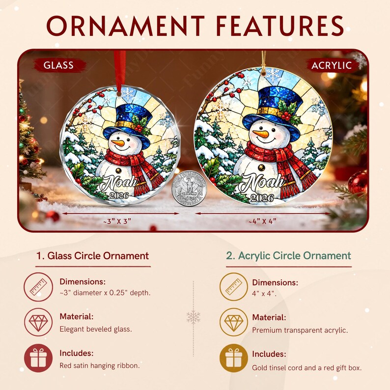 Two round Christmas ornaments featuring a snowman in a blue top hat and red scarf with the text Noah 2026.