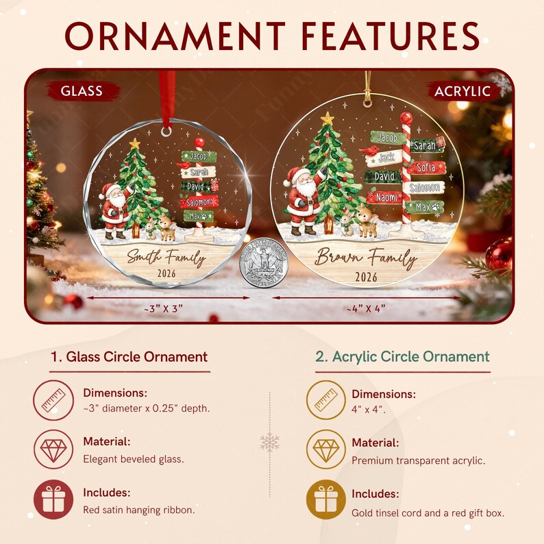 Two circular Christmas ornaments, one glass and one acrylic, featuring a Santa Claus, a Christmas tree, and a signpost with names.