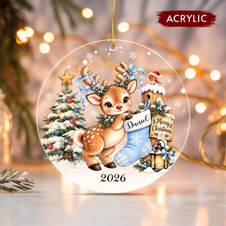 Baby Reindeer Kid Name Glass Ornament