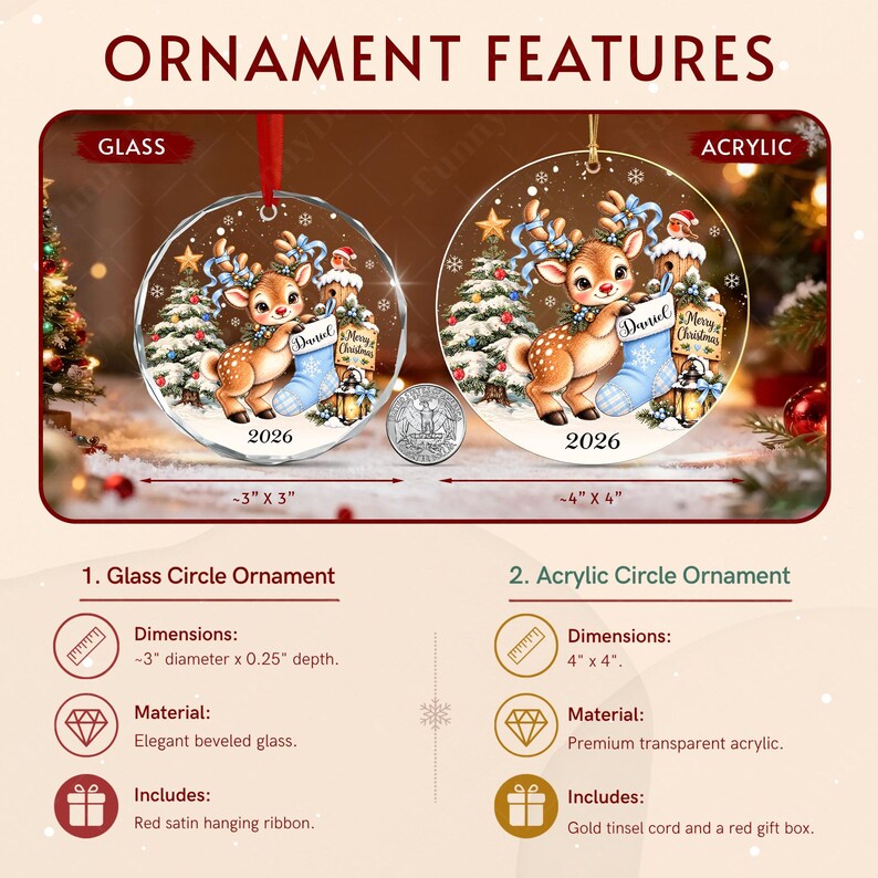 Two circular Christmas ornaments featuring a fawn illustration, a blue stocking labeled Daniel, and a sign reading Merry Christmas.