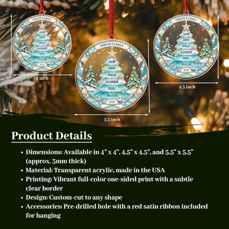 Three round, transparent acrylic Christmas ornaments with a red satin ribbon. Each features a printed coastal-themed tree with the text SMITH FAMILY, names, and 2026.