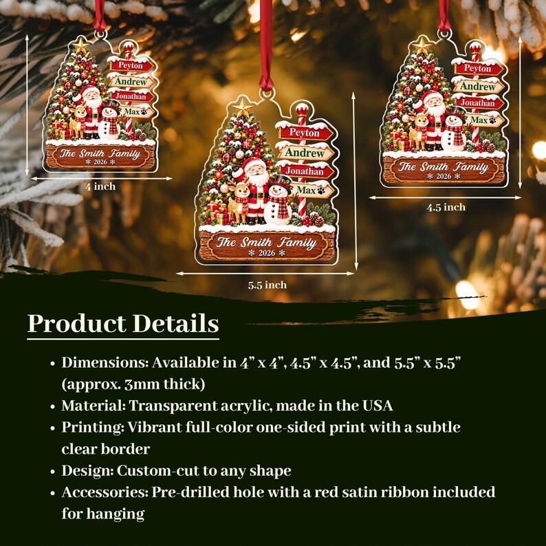 Three transparent acrylic Christmas ornaments with red satin ribbons. Each features a printed scene of a decorated tree, Santa, a reindeer, and a snowman. A signpost lists names, and a base reads The Smith Family 2026.