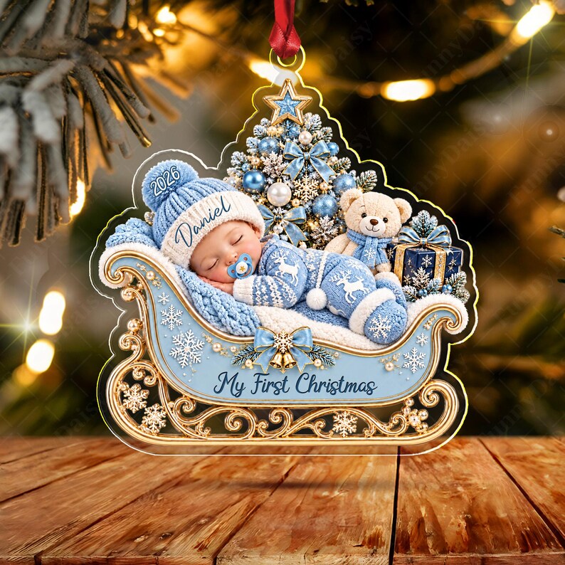 Sleeping Baby Sleigh Acrylic Name Ornament