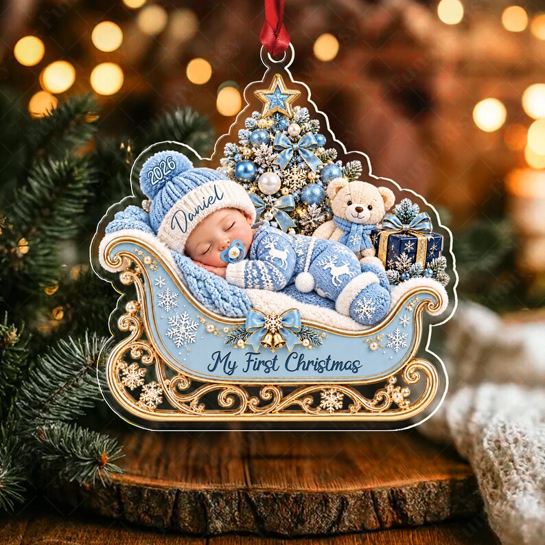 Sleeping Baby Sleigh Acrylic Name Ornament