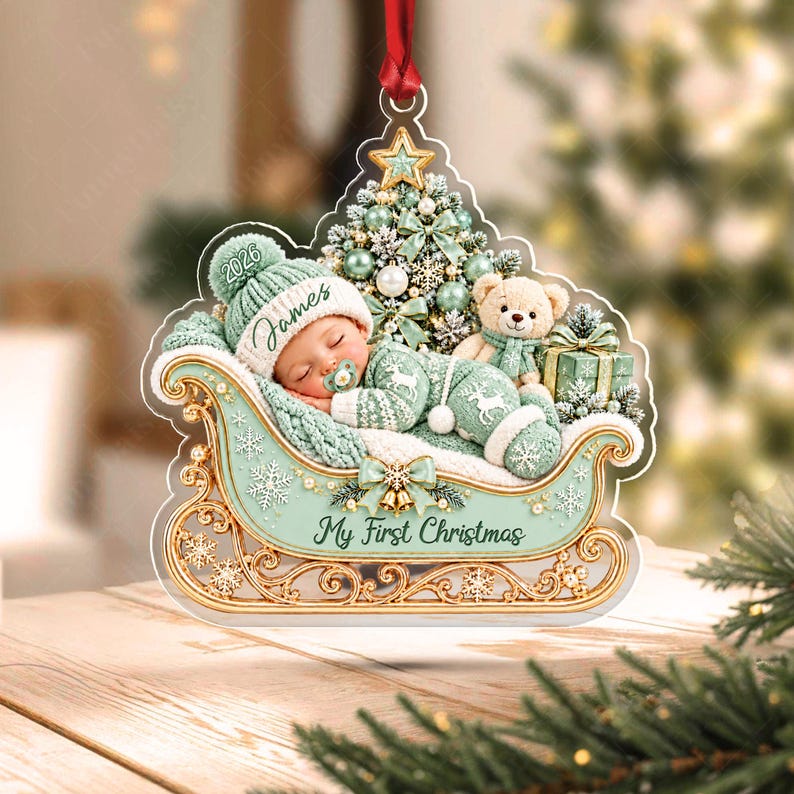 Sleeping Baby Sleigh Acrylic Name Ornament