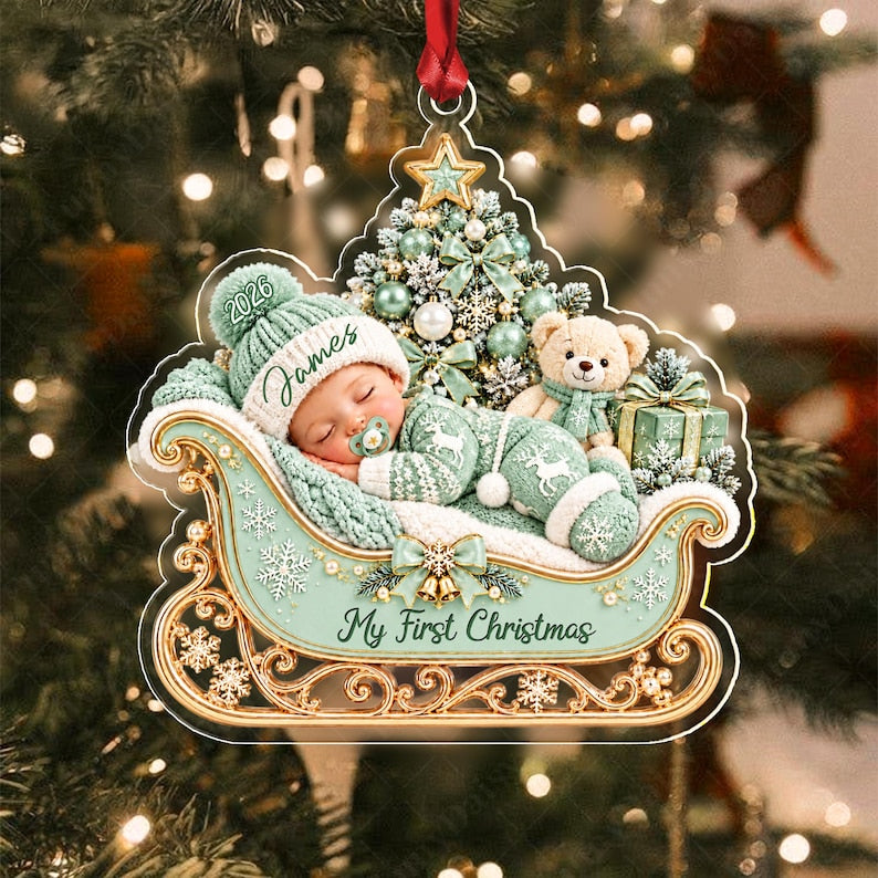 Sleeping Baby Sleigh Acrylic Name Ornament