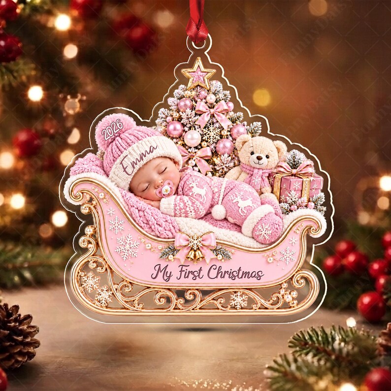 Sleeping Baby Sleigh Acrylic Name Ornament