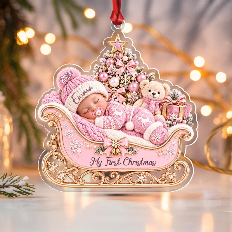 Sleeping Baby Sleigh Acrylic Name Ornament