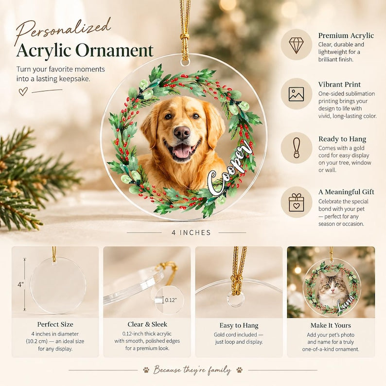 A circular clear acrylic ornament featuring a printed golden retriever inside a green and red holly wreath with the name Cooper in white script.