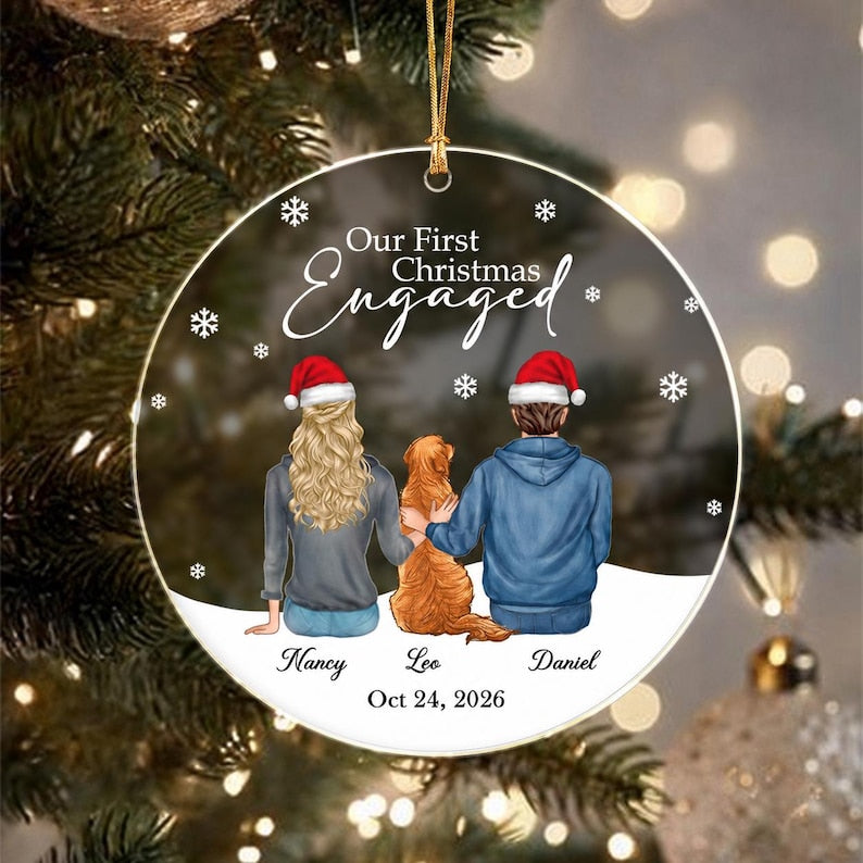 Engaged Couple & Dog Christmas Ornament