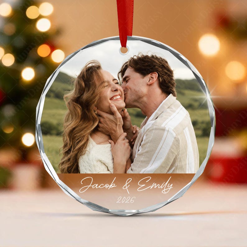 Custom Couple Photo Name Glass Ornament