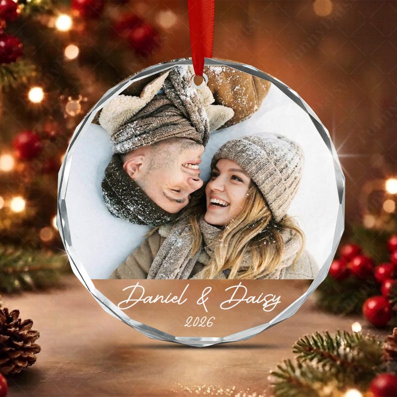 Custom Couple Photo Name Glass Ornament
