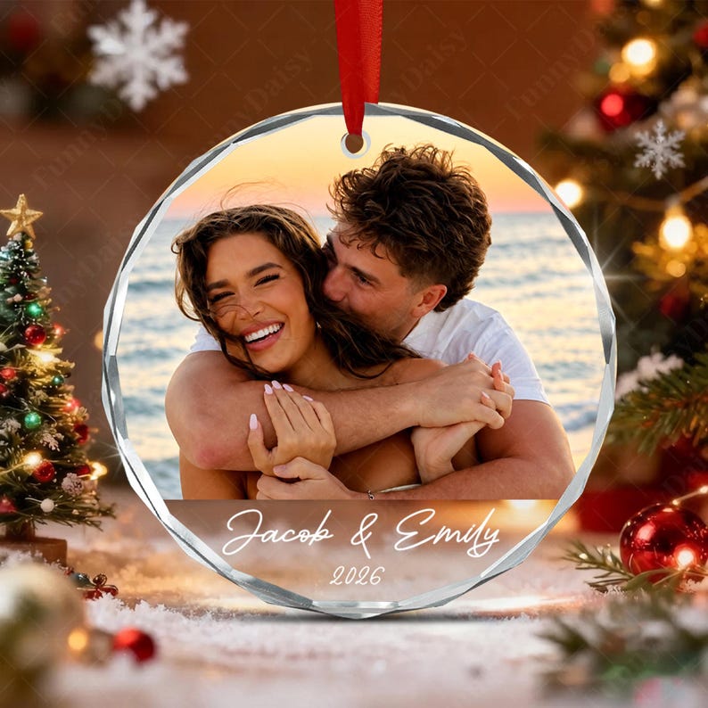 Custom Couple Photo Name Glass Ornament