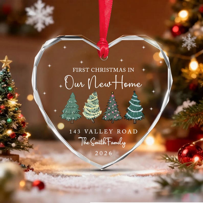 New Home Address Heart Glass Ornament