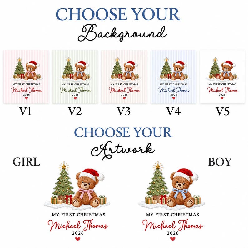 A digital display showing customization options for a Christmas ornament. The top section features five background variations labeled V1 through V5.