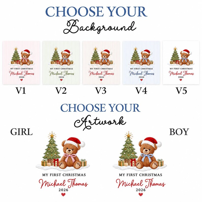 A digital display showing customization options for a Christmas ornament. The top section features five background variations labeled V1 through V5.