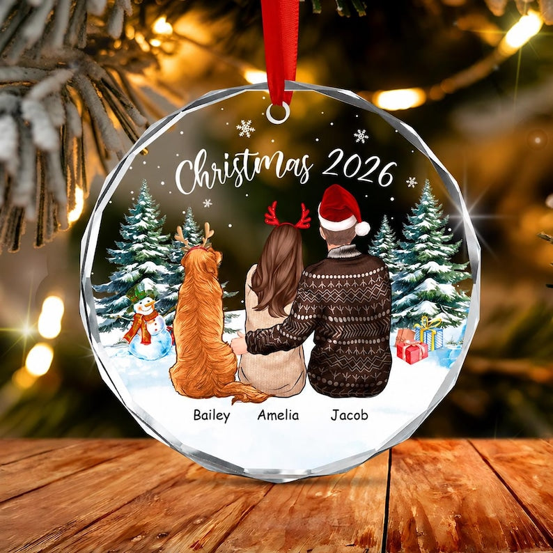 Couple & Dog Christmas Glass Ornament