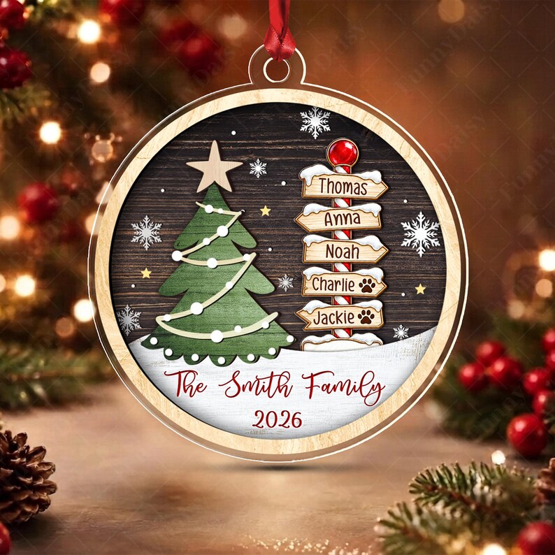 Family & Pet Winter Signpost Acrylic Ornament