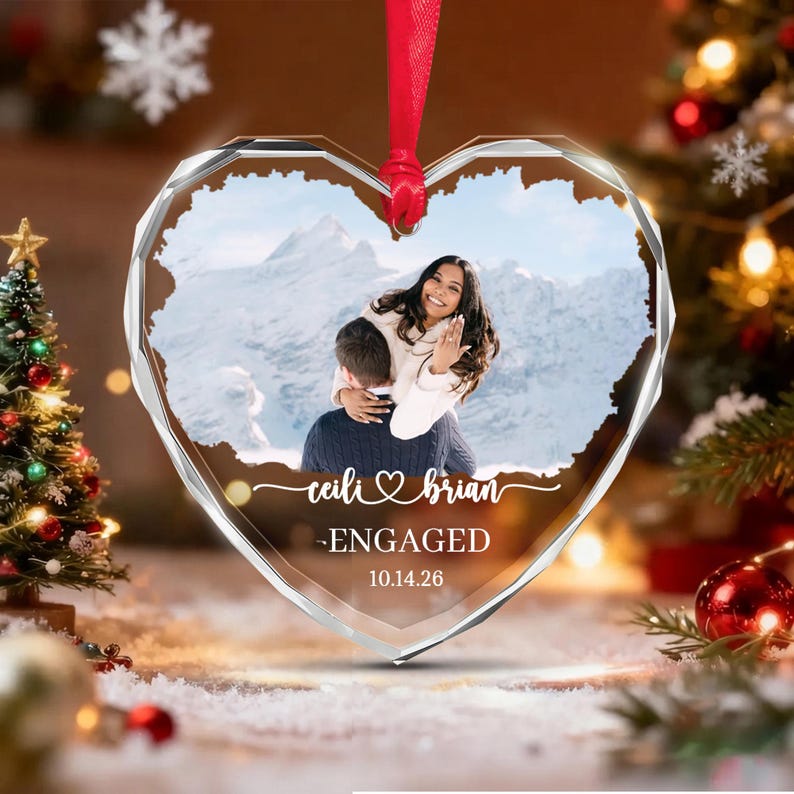 Engagement Photo Heart Glass Ornament