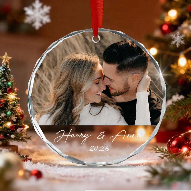 Couple Picture & Name Glass Ornament
