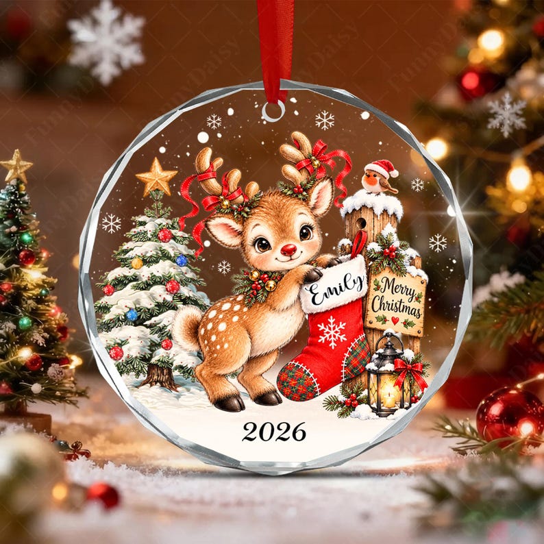 Baby Reindeer Kid Name Glass Ornament