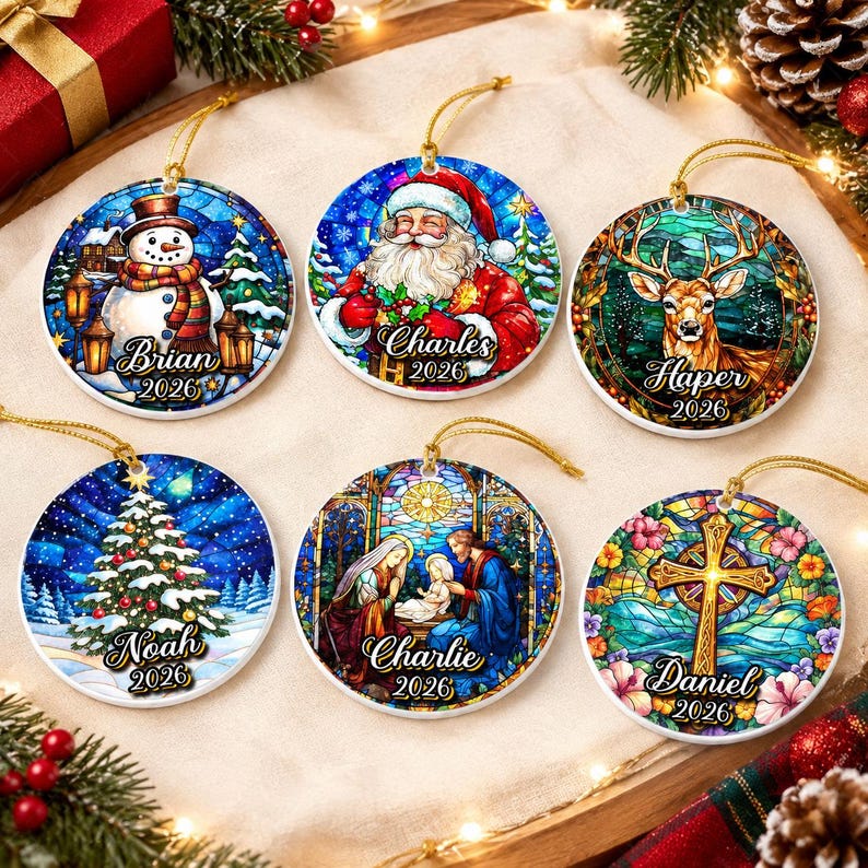 Stained Glass Style Kid Name & Year Ornament