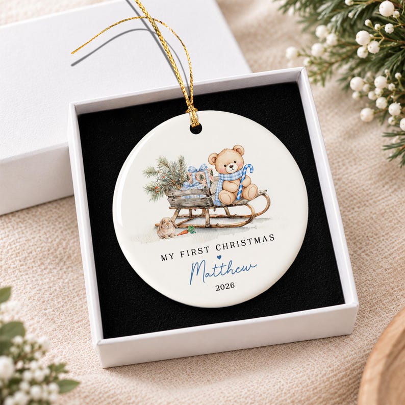 Baby Boy Teddy Sleigh Ceramic Ornament