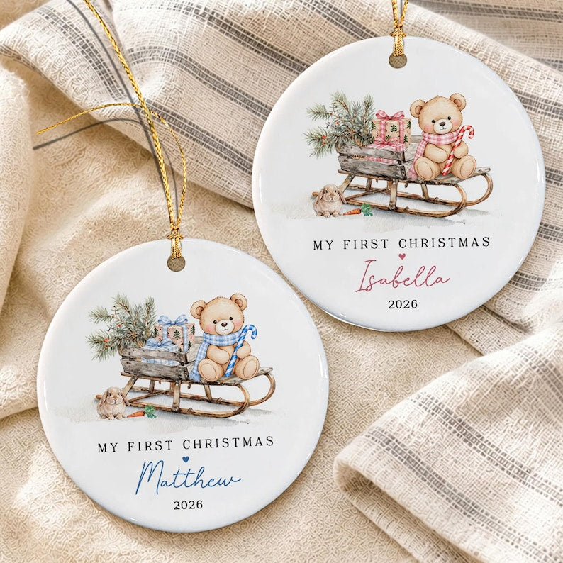 Baby Girl Teddy Sleigh Ceramic Ornament