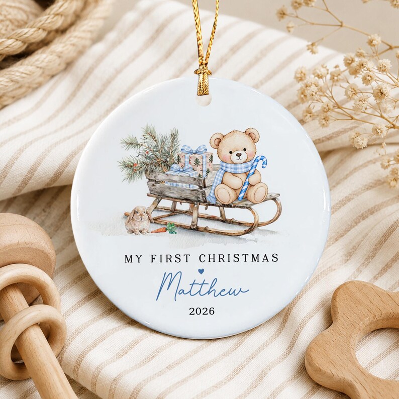 Baby Girl Teddy Sleigh Ceramic Ornament