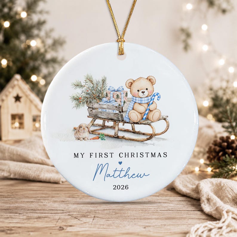 Baby Girl Teddy Sleigh Ceramic Ornament