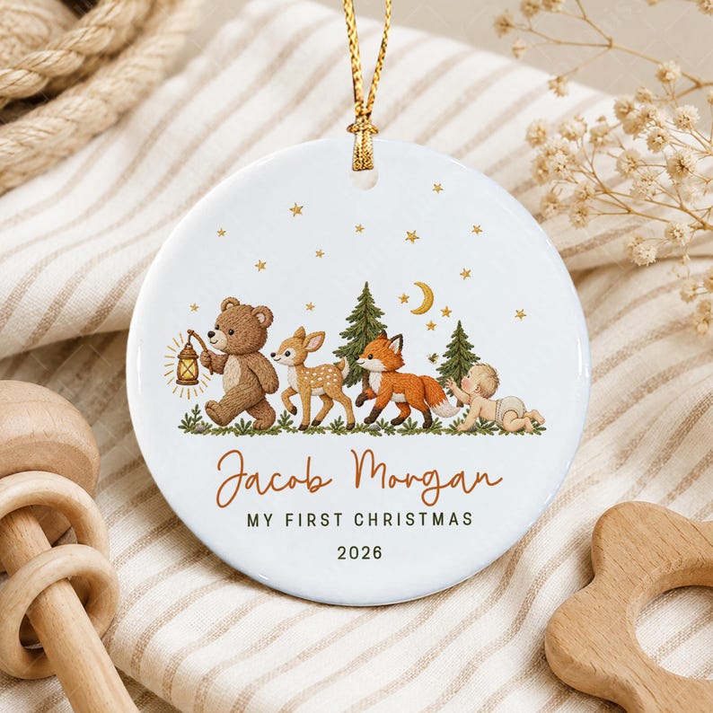 Baby Name Woodland Animal Ceramic Ornament
