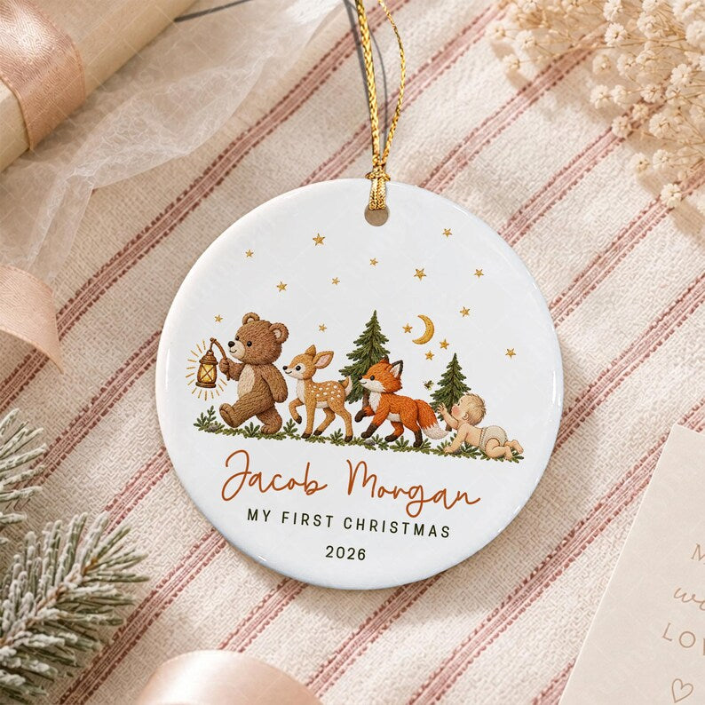 Baby Name Woodland Animal Ceramic Ornament