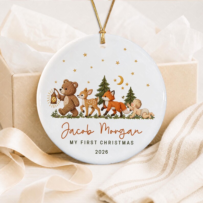Baby Name Woodland Animal Ceramic Ornament