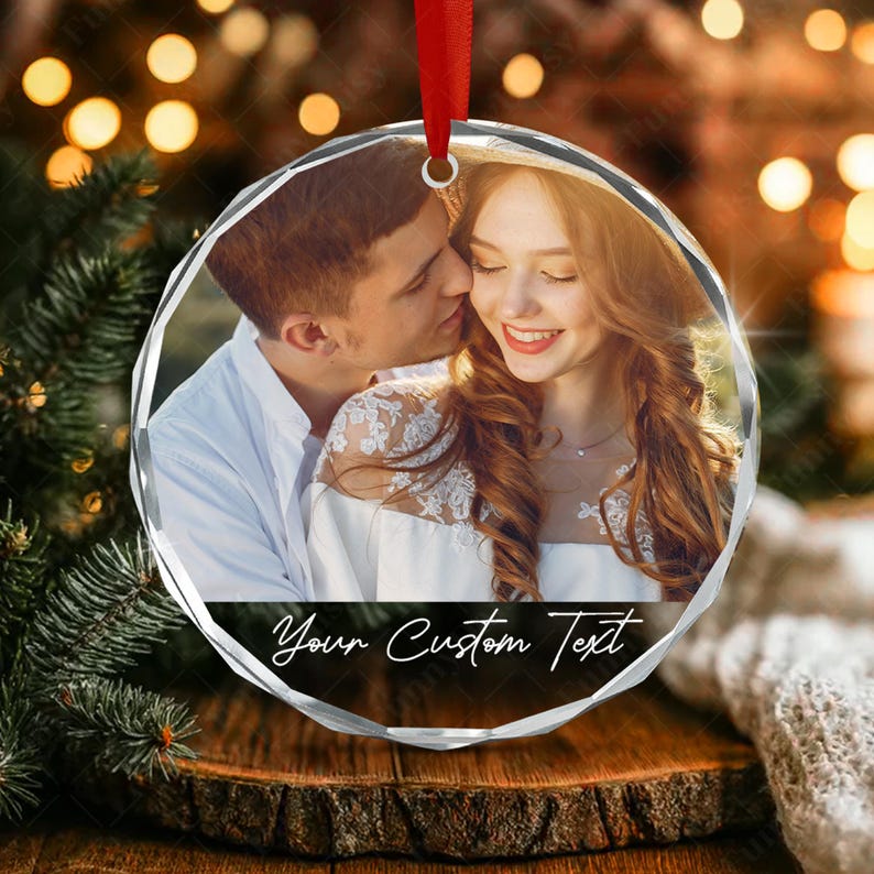 Custom Couple Photo Name Glass Ornament