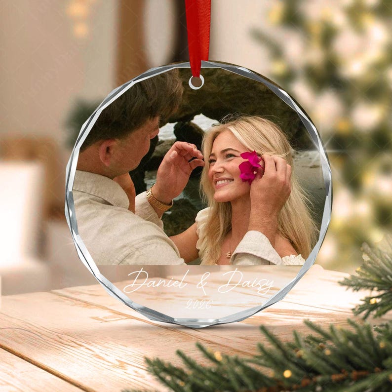 Custom Couple Photo Name Glass Ornament