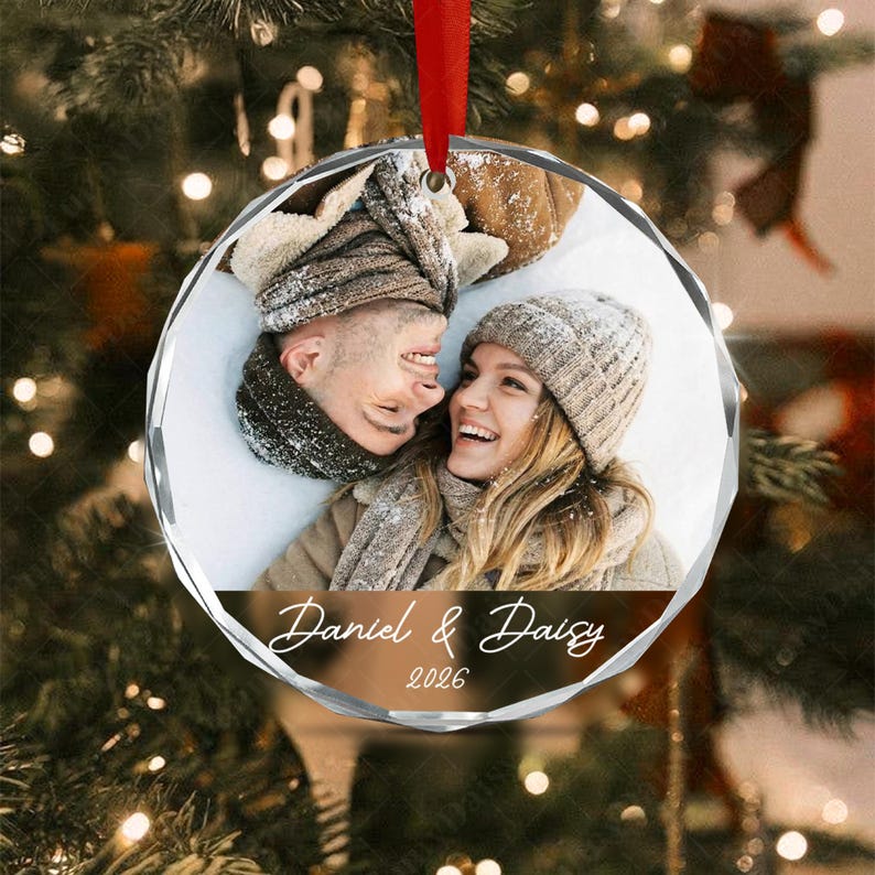 Custom Couple Photo Name Glass Ornament