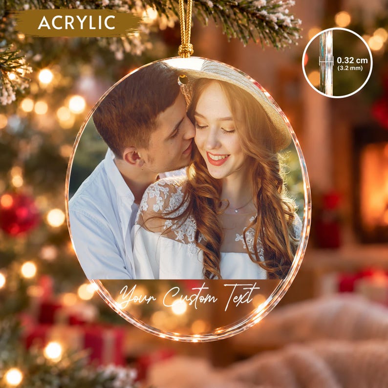 Custom Couple Photo Name Glass Ornament