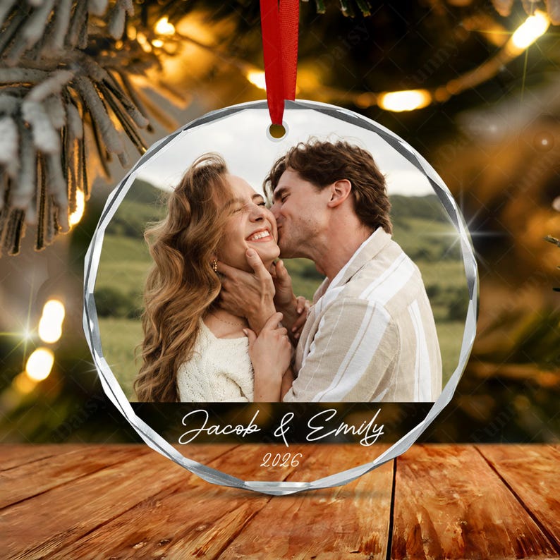 Custom Couple Photo Name Glass Ornament