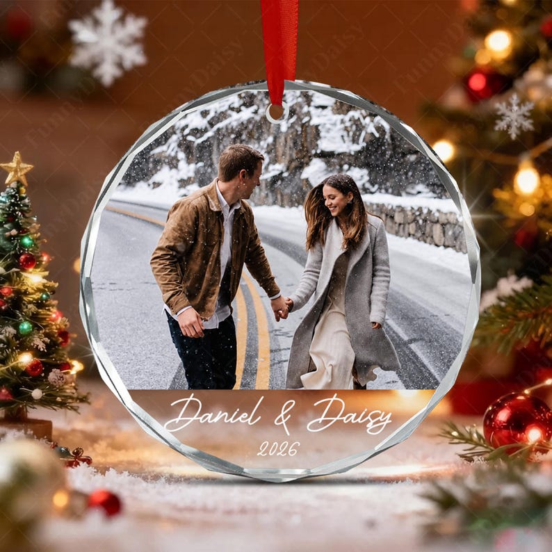 Custom Couple Photo Name Glass Ornament