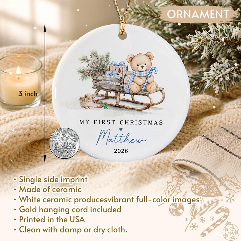 Baby Boy Teddy Sleigh Ceramic Ornament