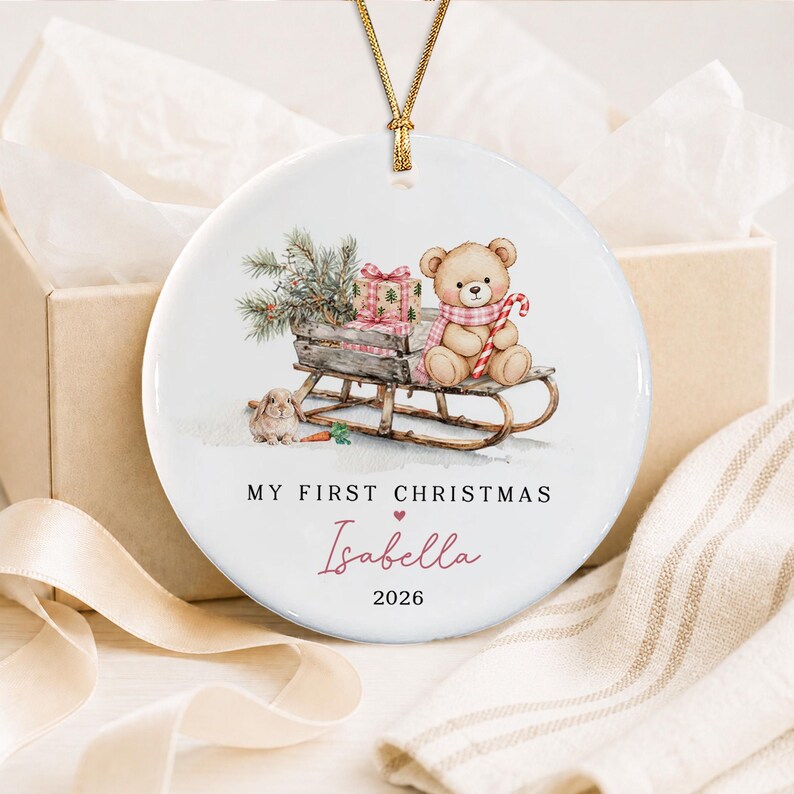 Baby Girl Teddy Sleigh Ceramic Ornament