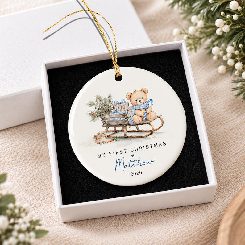 Baby Girl Teddy Sleigh Ceramic Ornament