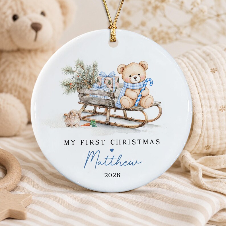 Baby Girl Teddy Sleigh Ceramic Ornament