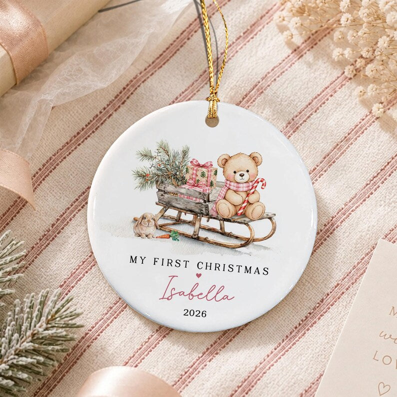 Baby Girl Teddy Sleigh Ceramic Ornament