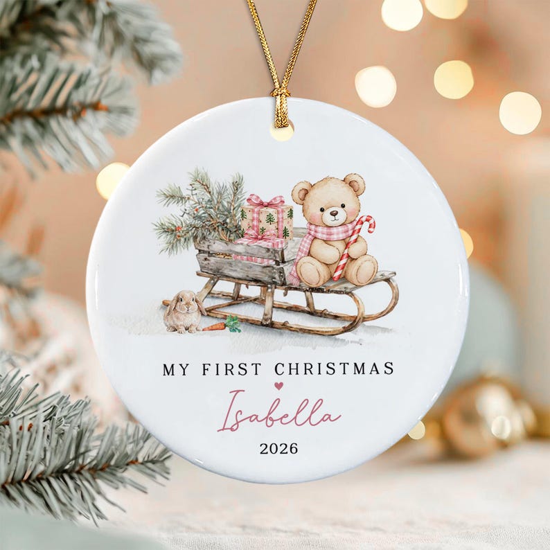 Baby Girl Teddy Sleigh Ceramic Ornament